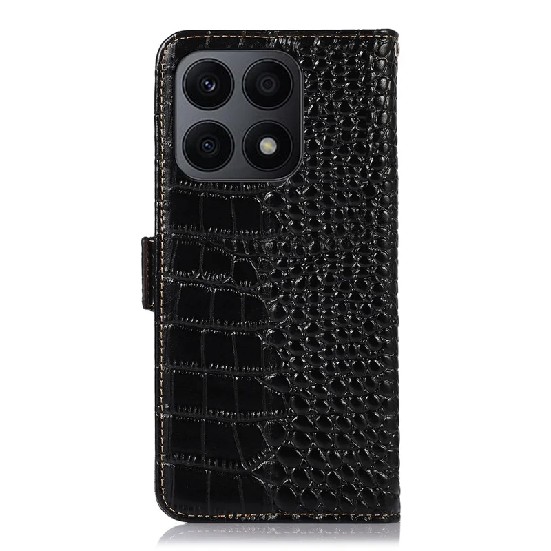RFID Blocking Phone Case for Honor X8a 4G Genuine Cowhide Leather Wallet Stand Phone Cover - Black