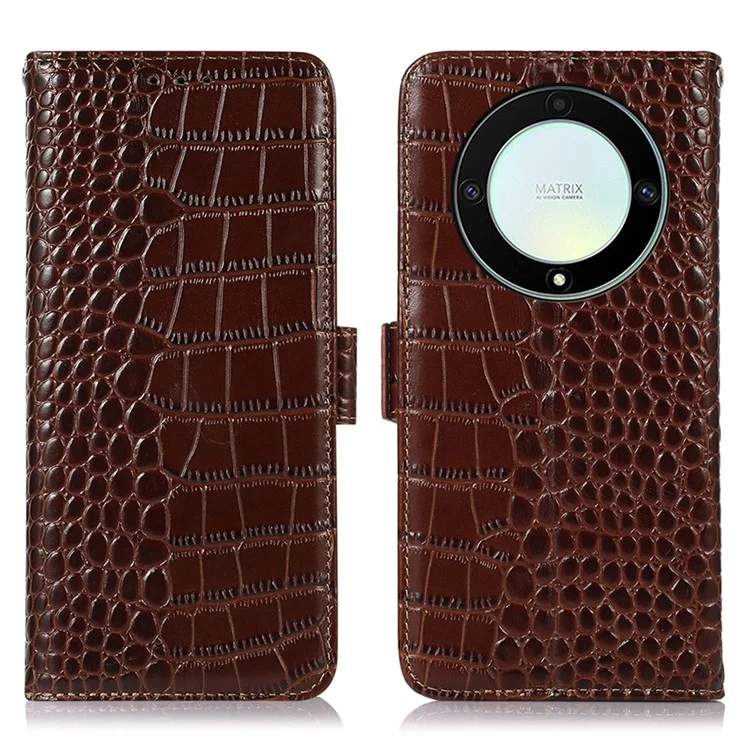 For Honor X9a 5G / X40 5G / Magic5 Lite 5G RFID Blocking Wallet Phone Cover Genuine Cowhide Leather Stand Case - Marrón