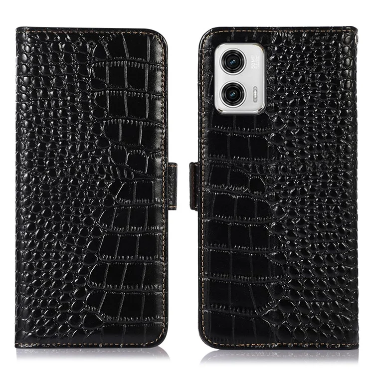 Etui de téléphone pour Motorola Moto G73 5G RFID Blocking Genuine Cowhide Leather Wallet Phone Cover - Noir