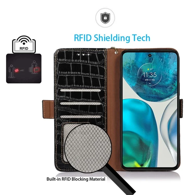 Etui de téléphone pour Motorola Moto G73 5G RFID Blocking Genuine Cowhide Leather Wallet Phone Cover - Noir