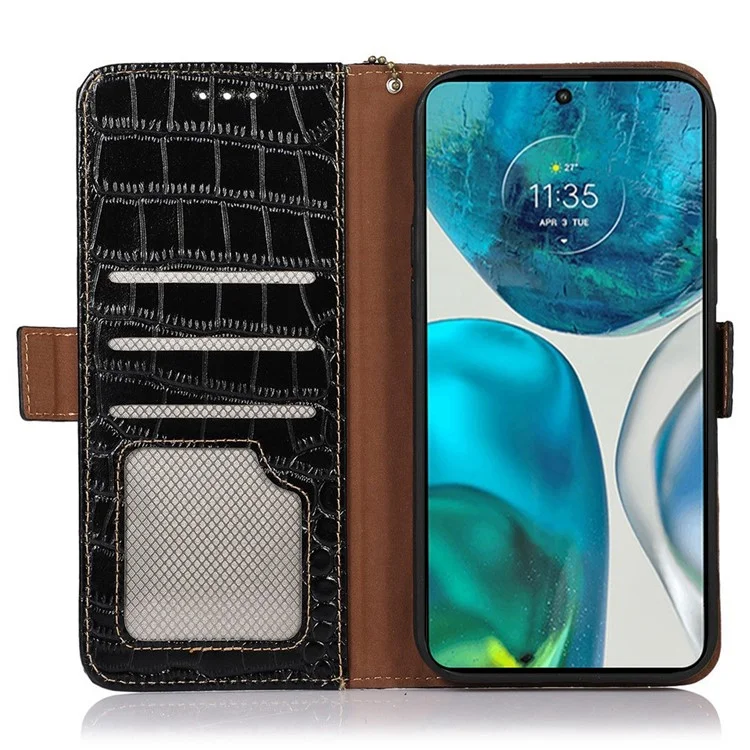Etui de téléphone pour Motorola Moto G73 5G RFID Blocking Genuine Cowhide Leather Wallet Phone Cover - Noir
