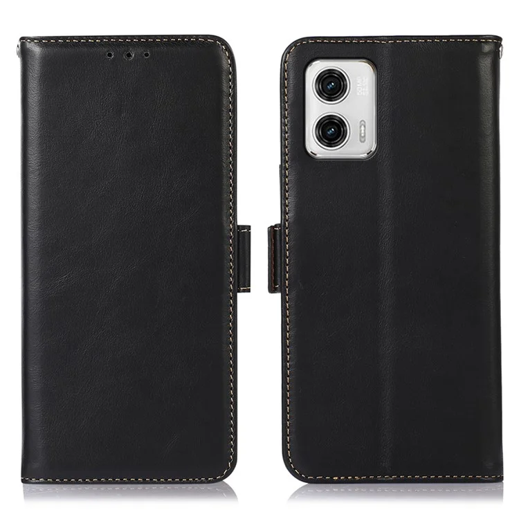 Para Motorola Moto G73 5G RFID Blocking Phone Cover Genuine Cowhide Leather Case with Wallet Stand - Negro