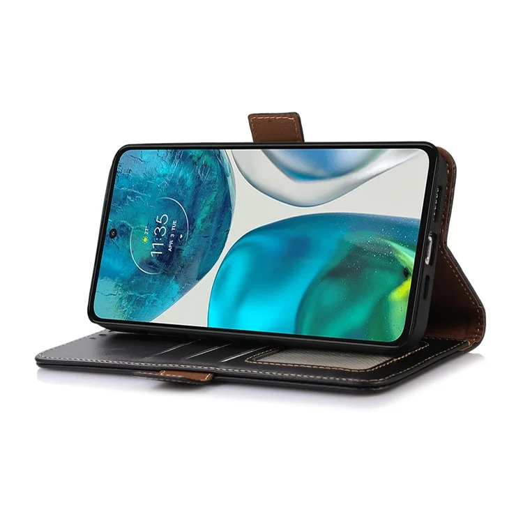 Para Motorola Moto G73 5G RFID Blocking Phone Cover Genuine Cowhide Leather Case with Wallet Stand - Negro