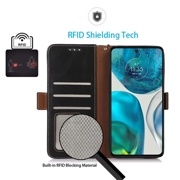 Para Motorola Moto G73 5G RFID Blocking Phone Cover Genuine Cowhide Leather Case with Wallet Stand - Negro