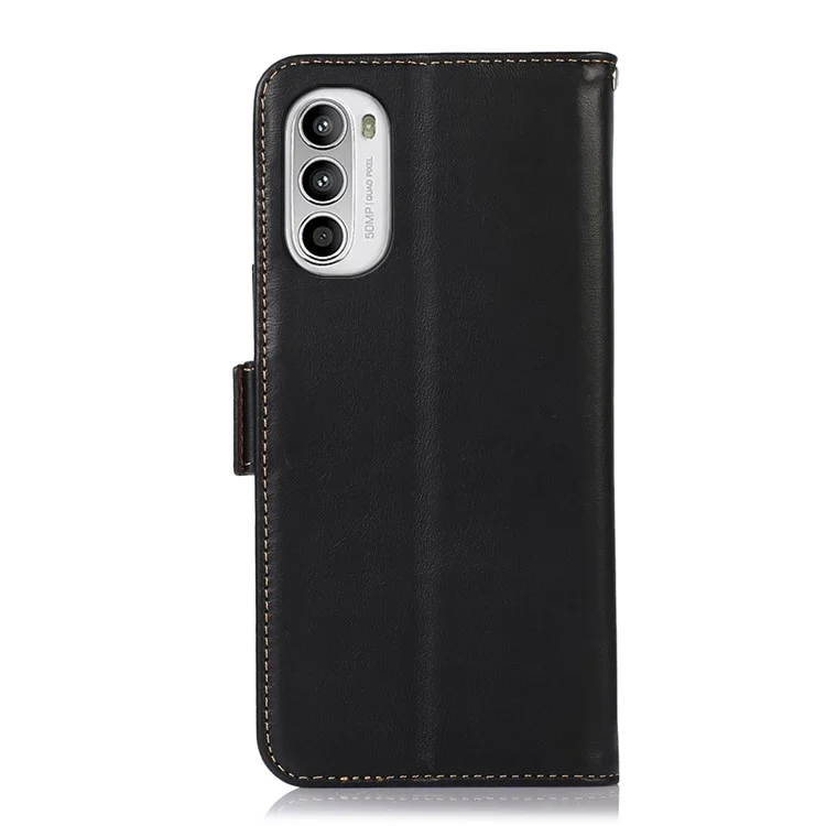 Para Motorola Moto G73 5G RFID Blocking Phone Cover Genuine Cowhide Leather Case with Wallet Stand - Negro