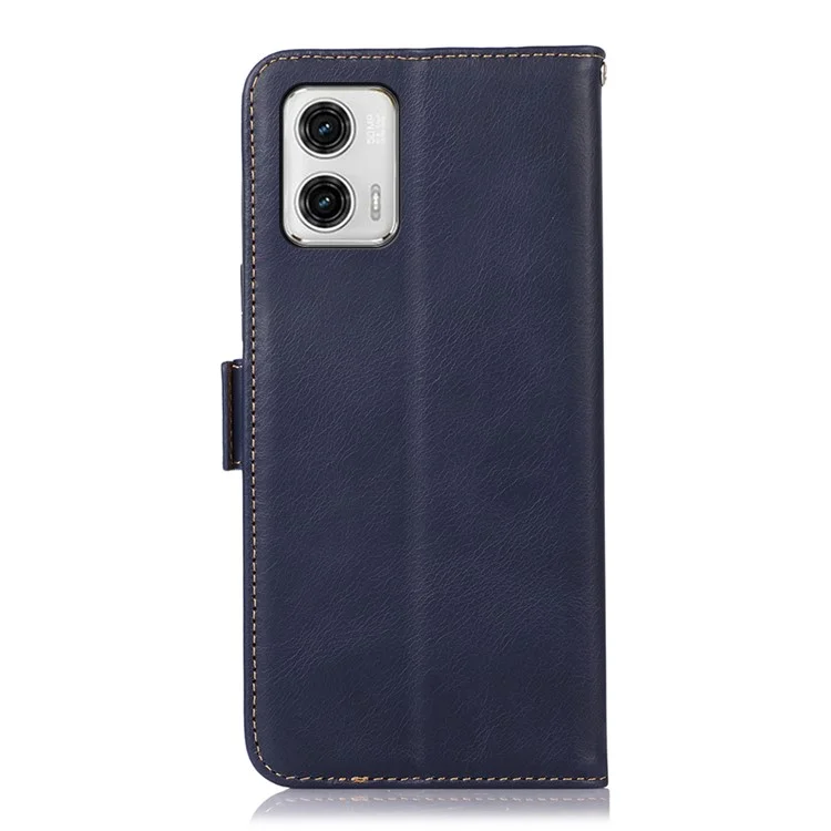 Para Motorola Moto G73 5G RFID Blocking Phone Cover Genuine Cowhide Leather Case with Wallet Stand - Azul
