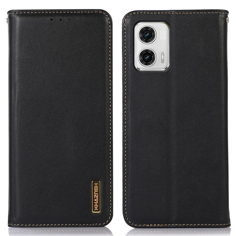 Custodia per telefono KHAZNEH per Motorola Moto G73 5G RFID Blocking Wallet Stand Genuine Cowhide Leather Phone Cover - Nero