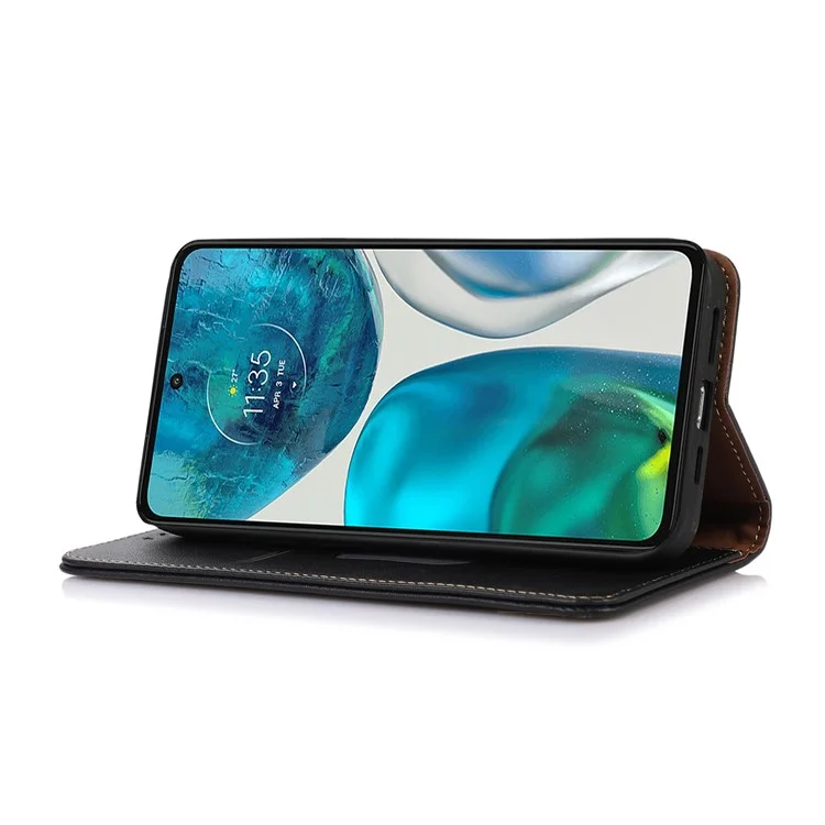 Custodia per telefono KHAZNEH per Motorola Moto G73 5G RFID Blocking Wallet Stand Genuine Cowhide Leather Phone Cover - Nero