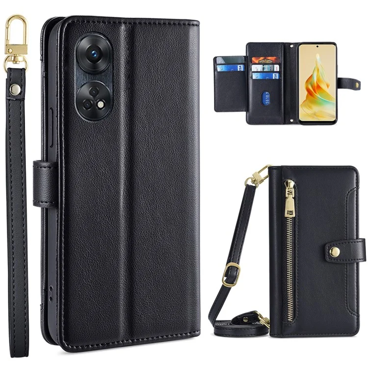 Custodia per telefono con cerniera per Oppo Reno8 T 4G, con slot per schede, in pelle, con supporto - Nero