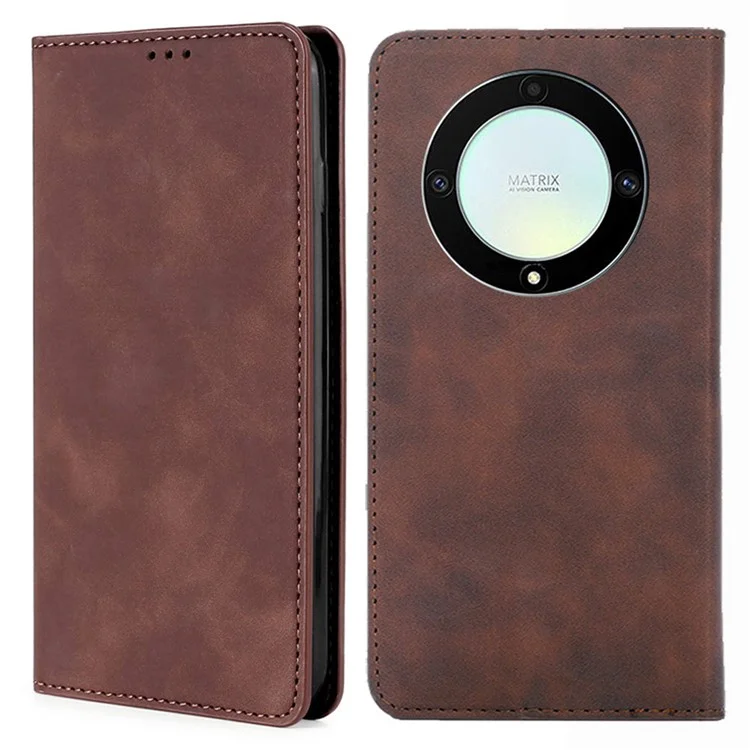 For Honor X40 5G / X9a 5G / Magic5 Lite 5G Skin-touch Phone Case Card Holder Leather Stand Anti-drop Cover - Dark Brown