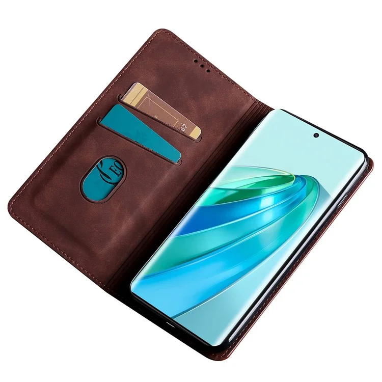 For Honor X40 5G / X9a 5G / Magic5 Lite 5G Skin-touch Phone Case Card Holder Leather Stand Anti-drop Cover - Dark Brown