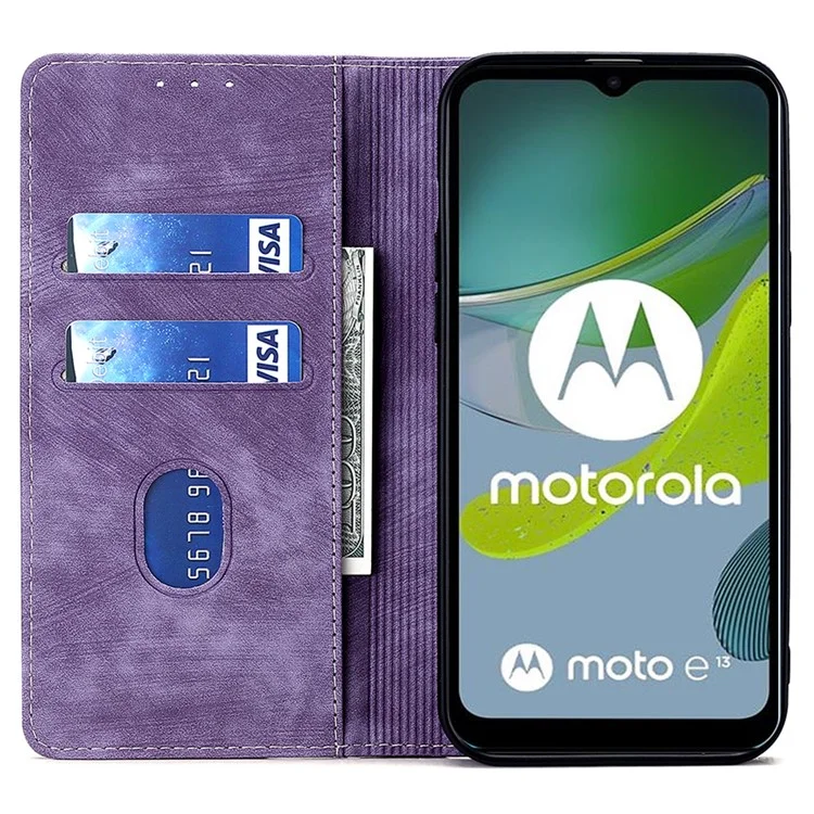 For Motorola Moto E13 4G RFID Blocking Phone Leather Case Wallet Stand Phone Cover - Purple