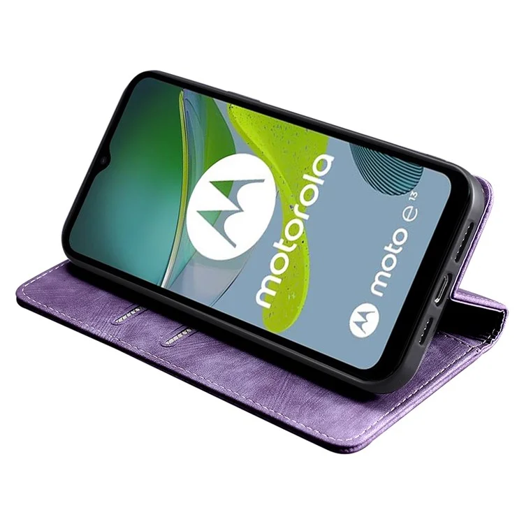 For Motorola Moto E13 4G RFID Blocking Phone Leather Case Wallet Stand Phone Cover - Purple