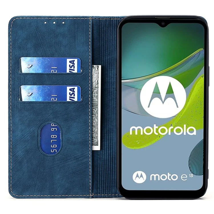For Motorola Moto E13 4G RFID Blocking Phone Leather Case Wallet Stand Phone Cover - Blue