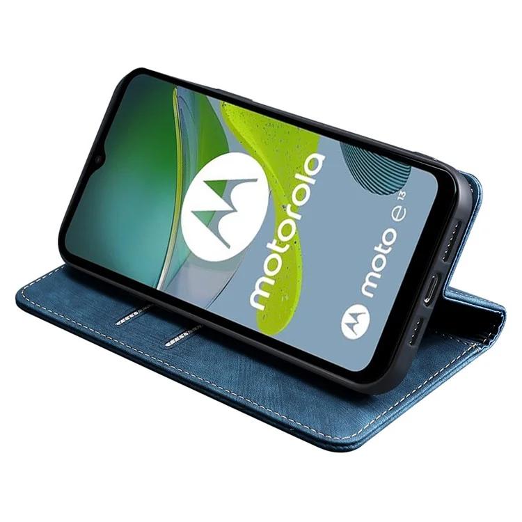 For Motorola Moto E13 4G RFID Blocking Phone Leather Case Wallet Stand Phone Cover - Blue