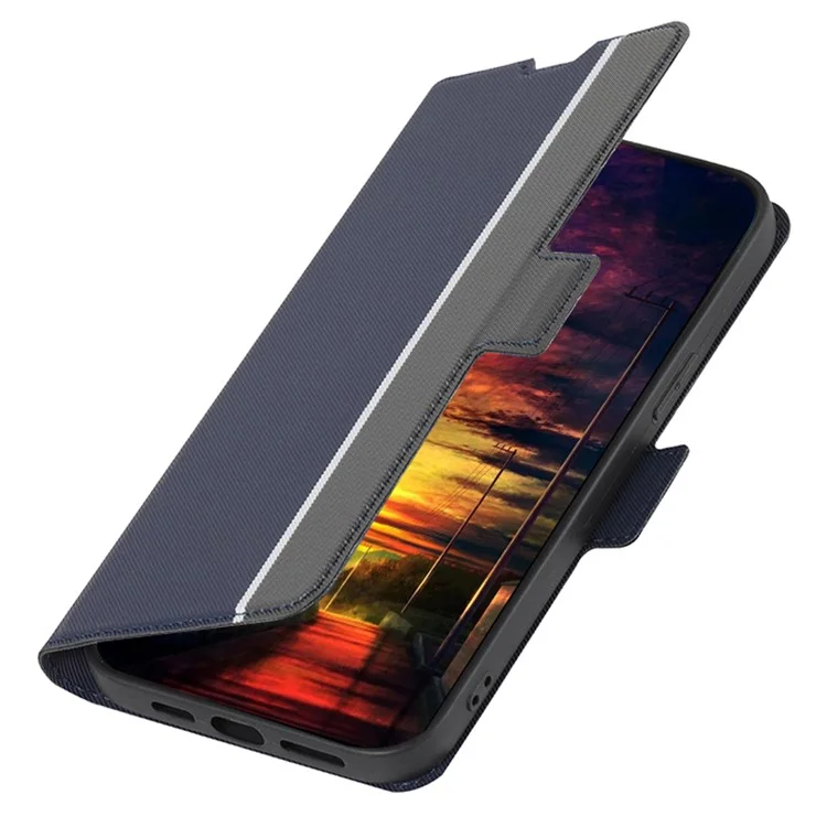 For Motorola Moto E13 4G Anti-drop Cover Twill Texture Stand Flip Leather Phone Case with Card Slots - Blue