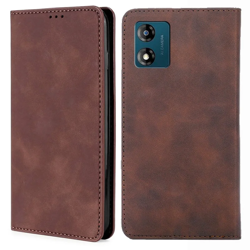 For Motorola Moto E13 4G Card Holder Protective Cover Skin-touch Leather Stand Phone Case - Dark Brown