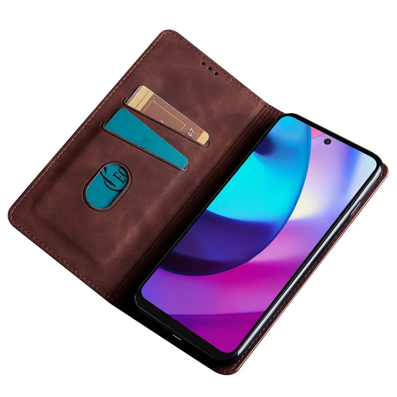 For Motorola Moto E13 4G Card Holder Protective Cover Skin-touch Leather Stand Phone Case - Dark Brown