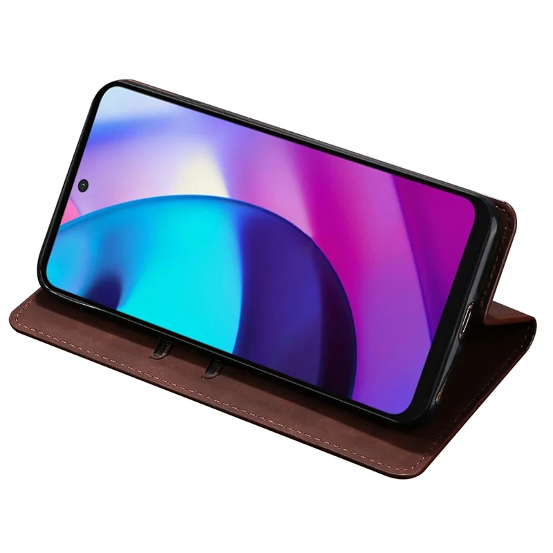 For Motorola Moto E13 4G Card Holder Protective Cover Skin-touch Leather Stand Phone Case - Dark Brown