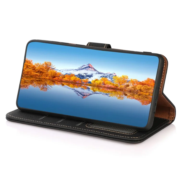 KHAZNEH Para OnePlus Nord CE 3 Lite 5G / Nord N30 5G RFID Blocking Phone Wallet Case Genuine Leather Stand Phone Cover - Preto
