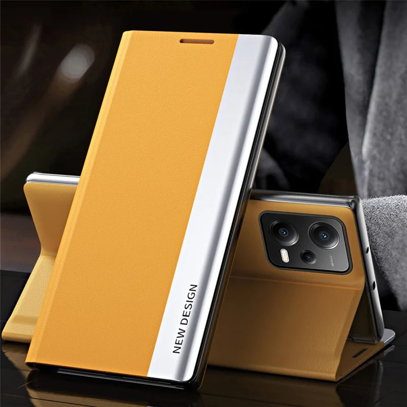 For Xiaomi Poco X5 5G / Redmi Note 12 5G (Global) / (India) / (China) Electroplating Phone Case PU Leather Stand Phone Cover - Orange