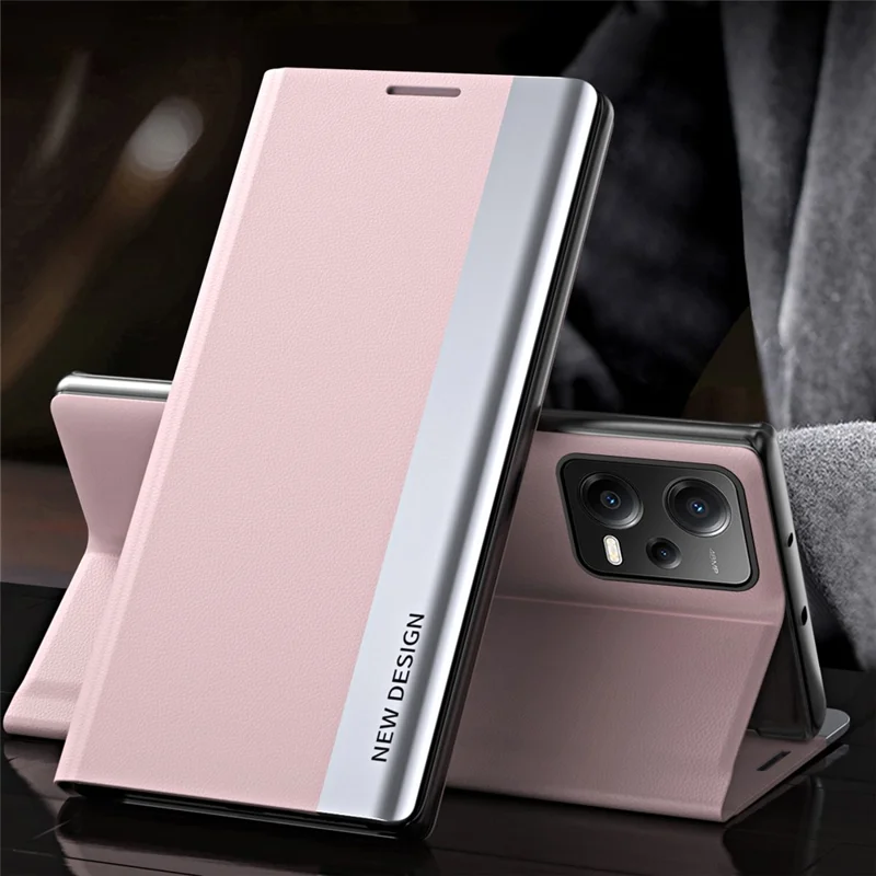 For Xiaomi Poco X5 5G / Redmi Note 12 5G (Global) / (India) / (China) Electroplating Phone Case PU Leather Stand Phone Cover - Pink