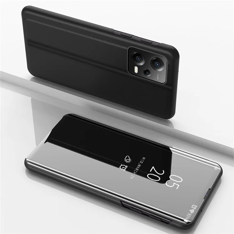 Für Xiaomi Poco X5 5G / Redmi Note 12 5G (Global) / (Indien) / (China) View Window Phone Stand Case Electroplating Mirror Surface Leather Cover - Schwarz