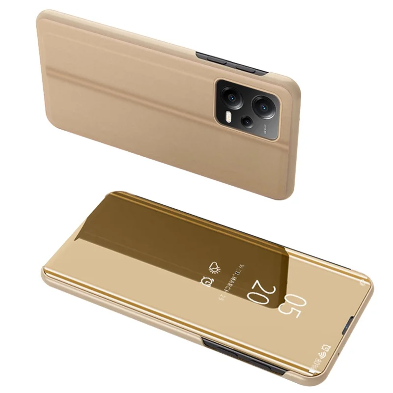 For Xiaomi Poco X5 5G / Redmi Note 12 5G (Global) / (India) / (China) View Window Phone Stand Case Electroplating Mirror Surface Leather Cover - Gold