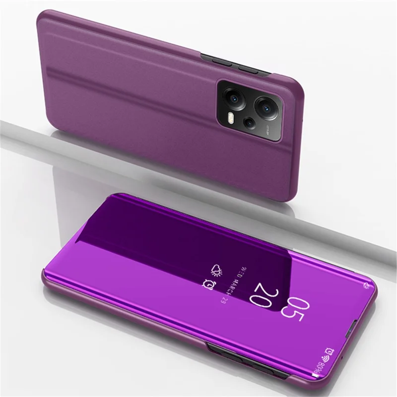 For Xiaomi Poco X5 5G / Redmi Note 12 5G (Global) / (India) / (China) View Window Phone Stand Case Electroplating Mirror Surface Leather Cover - Purple