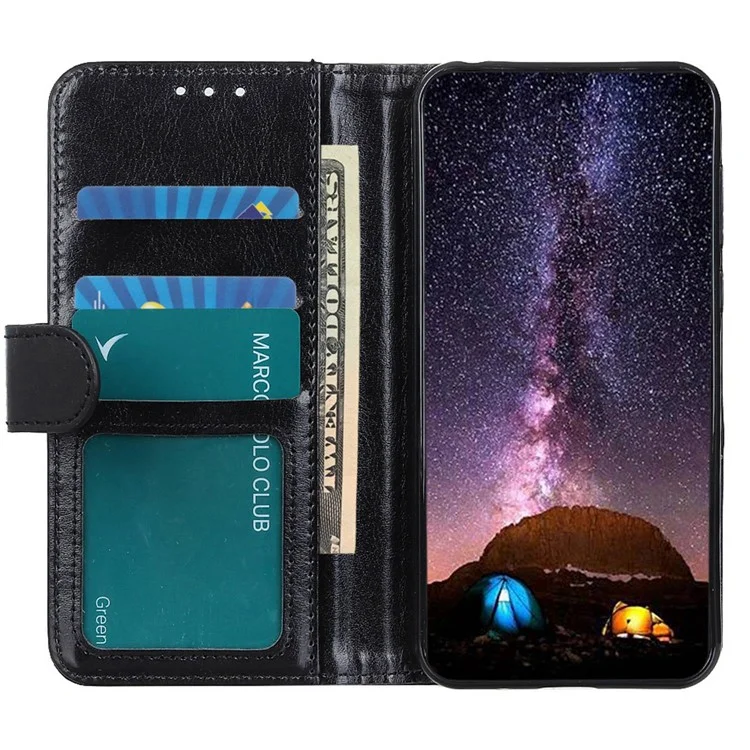 Для Motorola Moto G73 5G PU Кожаный Телефонный Подставка Чехол Бумажник Сумасшедший Конь Текстура Телефон Крышка - Черный