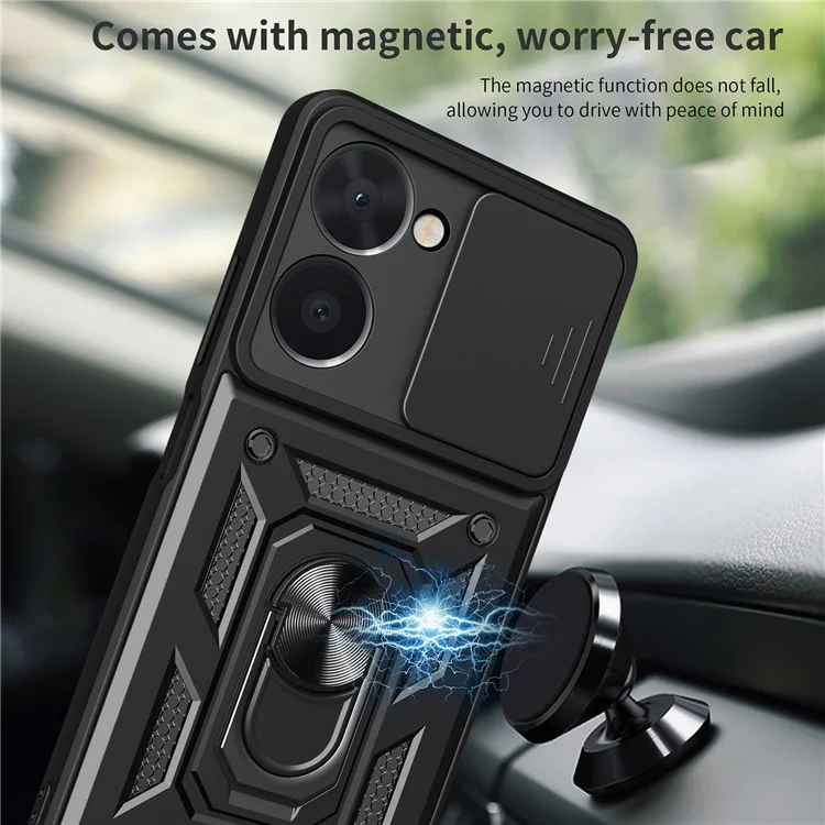 Per Realme C33 2023 4G / C33 4G Sliding Camera Design Phone Case PC + TPU Supporto Kickstand Custodia Protettiva - Nero