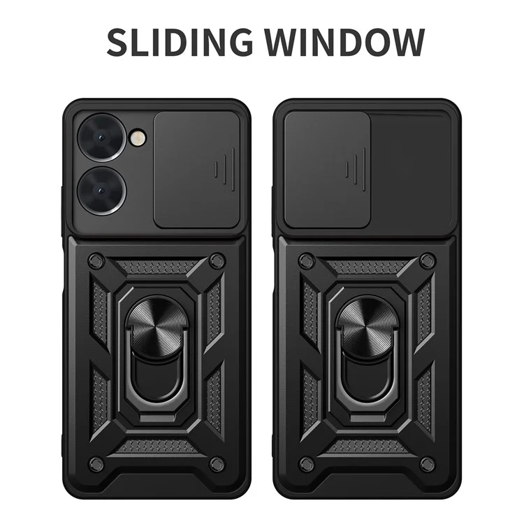 Per Realme C33 2023 4G / C33 4G Sliding Camera Design Phone Case PC + TPU Supporto Kickstand Custodia Protettiva - Nero