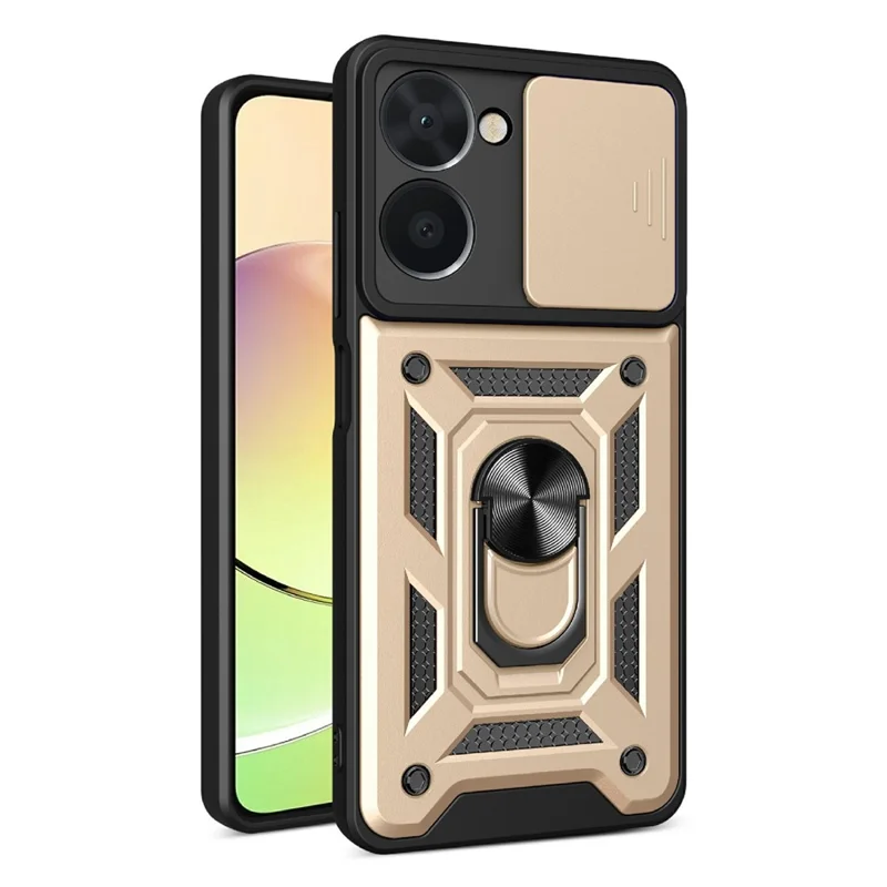For Realme C33 2023 4G / C33 4G Sliding Camera Design Phone Case PC + TPU Kickstand Protective Cover - Gold