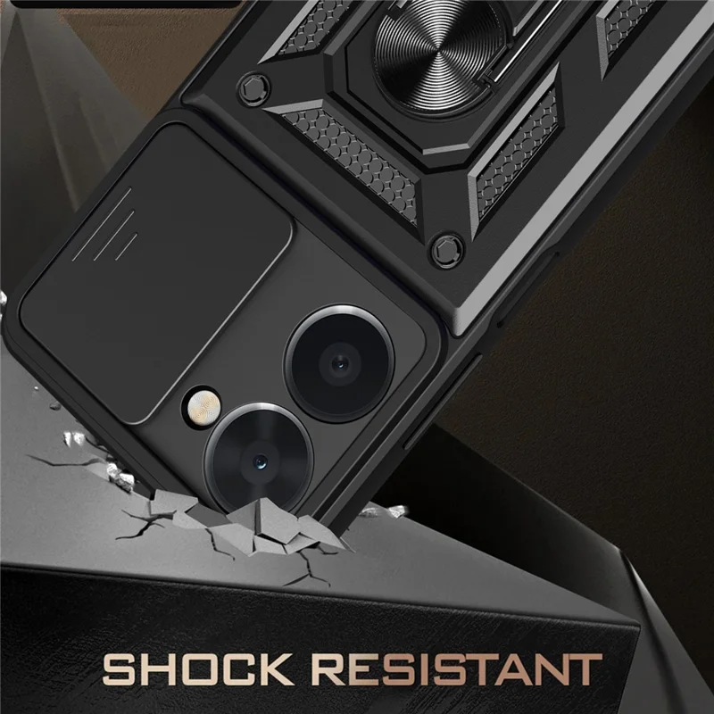 For Realme C33 2023 4G / C33 4G Sliding Camera Design Phone Case PC + TPU Kickstand Protective Cover - Gold