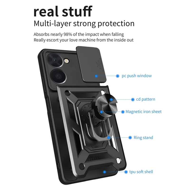 For Realme C33 2023 4G / C33 4G Sliding Camera Design Phone Case PC + TPU Kickstand Protective Cover - Gold