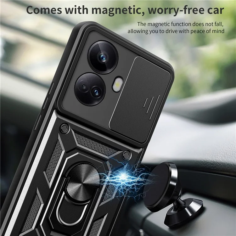 Для Realme 10 Pro+ 5G Kickstand Phone Holder Sliding Camera Cover PC + TPU Phone Case - Черный