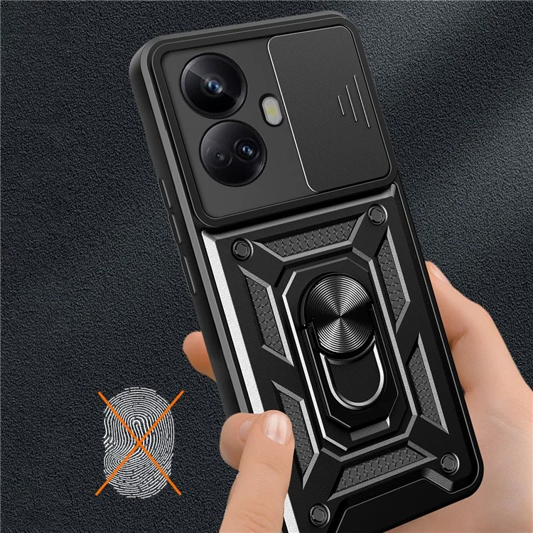 Для Realme 10 Pro+ 5G Kickstand Phone Holder Sliding Camera Cover PC + TPU Phone Case - Черный