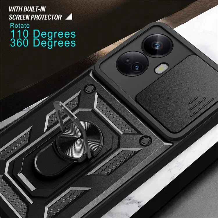 Для Realme 10 Pro+ 5G Kickstand Phone Holder Sliding Camera Cover PC + TPU Phone Case - Черный