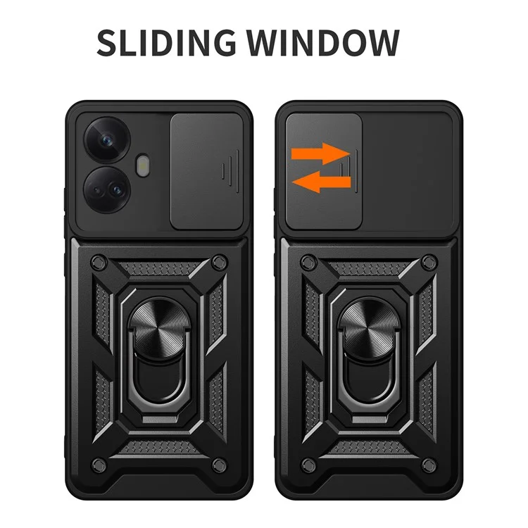 Для Realme 10 Pro+ 5G Kickstand Phone Holder Sliding Camera Cover PC + TPU Phone Case - Черный