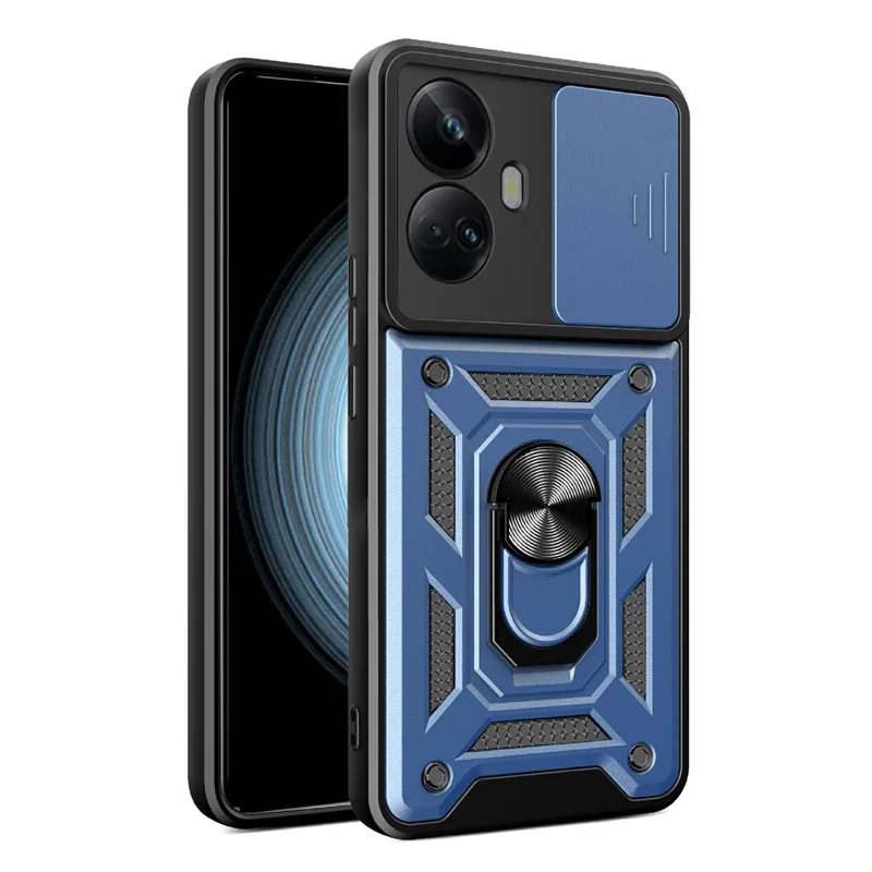 For Realme 10 Pro+ 5G Kickstand Phone Holder Sliding Camera Cover PC + TPU Phone Case - Blue
