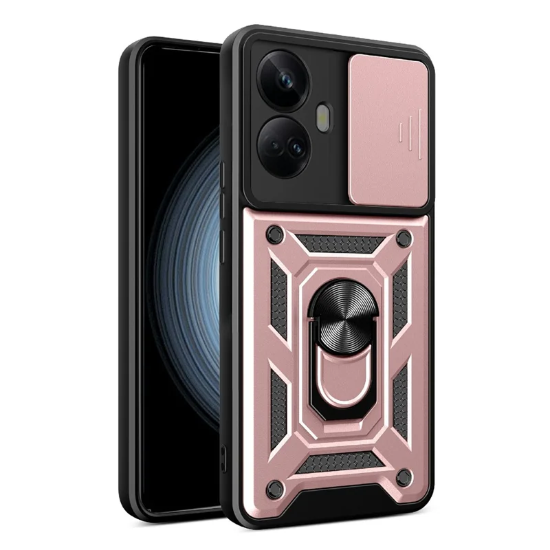 For Realme 10 Pro+ 5G Kickstand Phone Holder Sliding Camera Cover PC + TPU Phone Case - Rose Gold