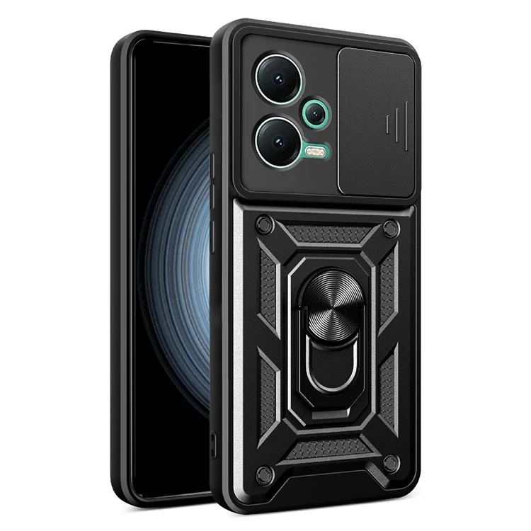 Für Xiaomi Redmi Note 12 5G (Indien) / Poco X5 5G Kickstand PC+TPU Slide Push Pull Camera Lens Protection Cover - Schwarz
