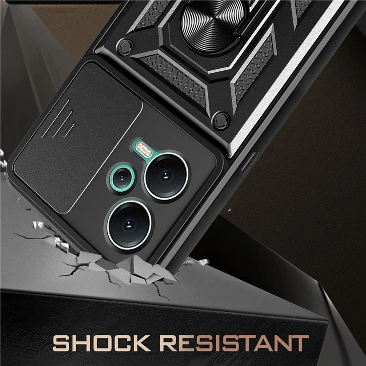 Für Xiaomi Redmi Note 12 5G (Indien) / Poco X5 5G Kickstand PC+TPU Slide Push Pull Camera Lens Protection Cover - Schwarz