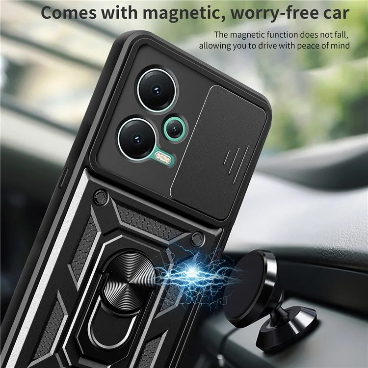 Für Xiaomi Redmi Note 12 5G (Indien) / Poco X5 5G Kickstand PC+TPU Slide Push Pull Camera Lens Protection Cover - Schwarz