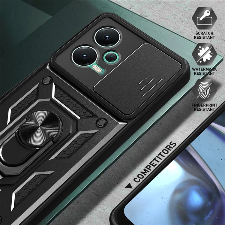 Für Xiaomi Redmi Note 12 5G (Indien) / Poco X5 5G Kickstand PC+TPU Slide Push Pull Camera Lens Protection Cover - Schwarz