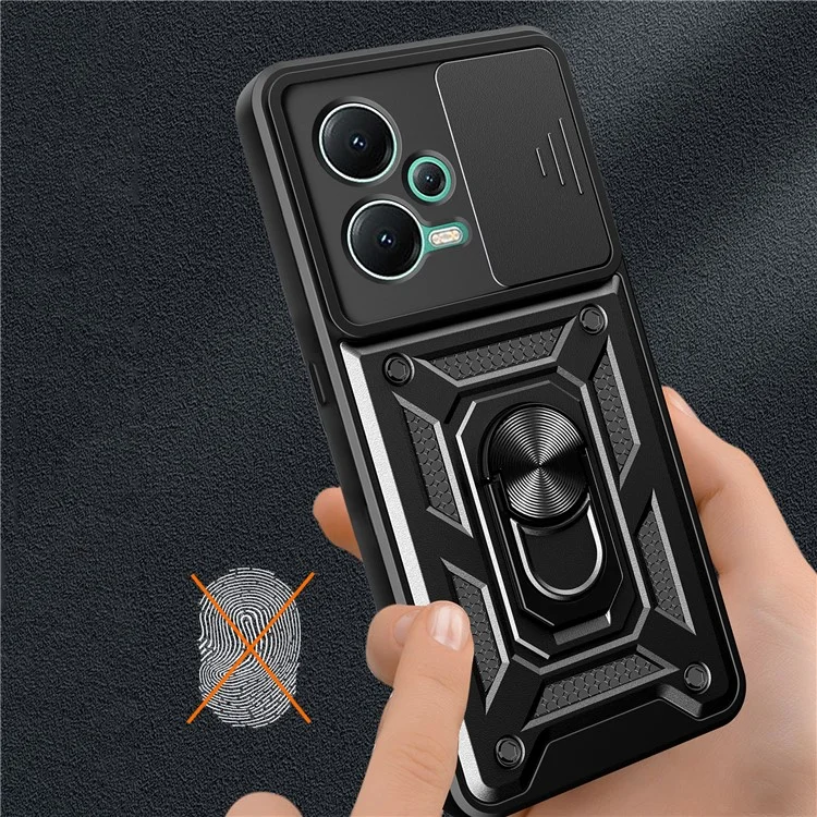 Für Xiaomi Redmi Note 12 5G (Indien) / Poco X5 5G Kickstand PC+TPU Slide Push Pull Camera Lens Protection Cover - Schwarz