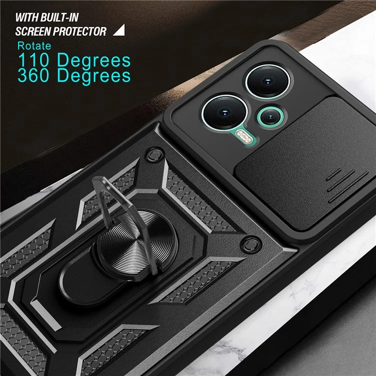 Für Xiaomi Redmi Note 12 5G (Indien) / Poco X5 5G Kickstand PC+TPU Slide Push Pull Camera Lens Protection Cover - Schwarz