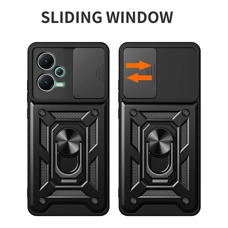 Für Xiaomi Redmi Note 12 5G (Indien) / Poco X5 5G Kickstand PC+TPU Slide Push Pull Camera Lens Protection Cover - Schwarz