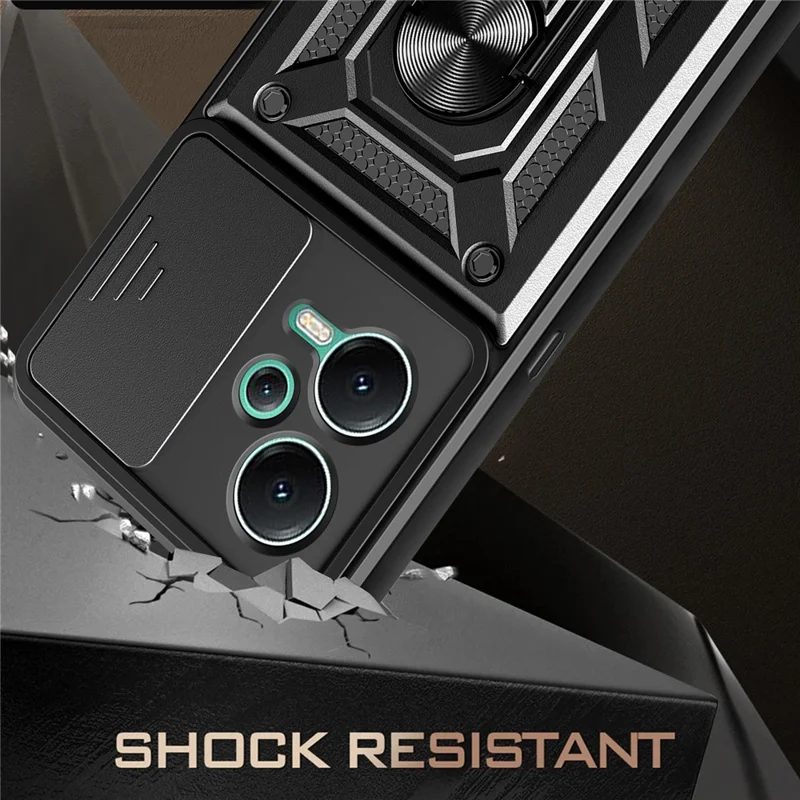 For Xiaomi Redmi Note 12 5G (India) / Poco X5 5G Kickstand PC+TPU Slide Push Pull Camera Lens Protection Cover - Silver