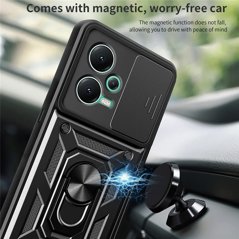 For Xiaomi Redmi Note 12 5G (India) / Poco X5 5G Kickstand PC+TPU Slide Push Pull Camera Lens Protection Cover - Silver